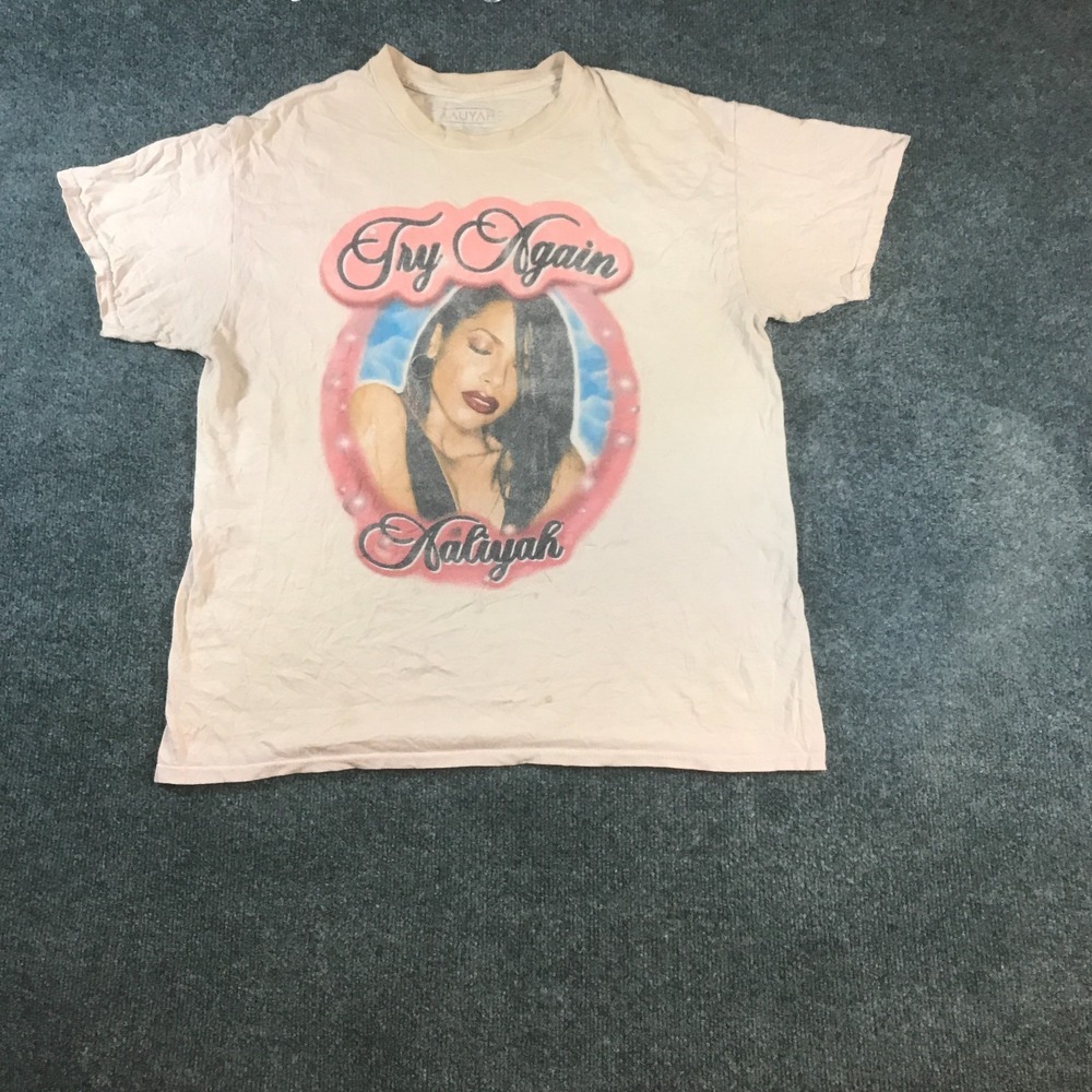 Aaliyah T-Shirt Mens Medium Beige Graphic Print Cotton Crew Neck Singer Summer